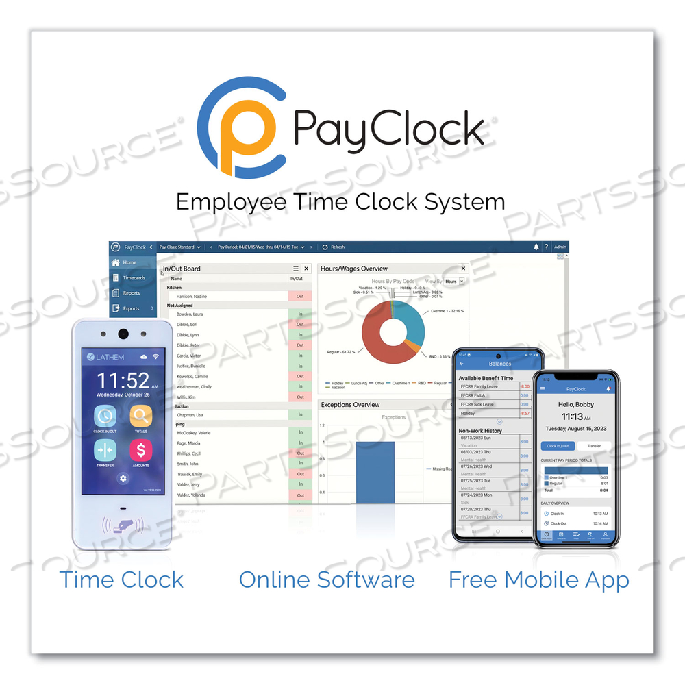 PCEXPRESS CONTACTLESS TOUCH-FREE WI-FI DIGITAL TIME CLOCK SYSTEM, 5� TOUCH SCREEN LCD DISPLAY, WHITE 