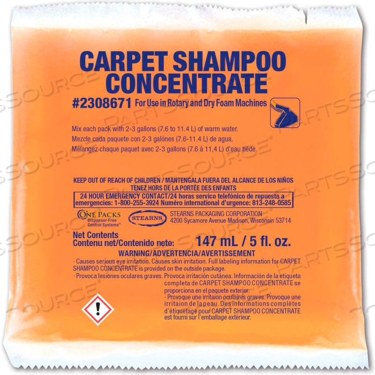 CARPET SHAMPOO CONCENTRATE - 5 OZ PACKS, 36 PACKS/CASE by Stearns Packaging Corporation CARPET SHAMPOO CONCENTRATE - 5 OZ PACKS, 36 PACKS/CASE by Stearns Packaging Corporation