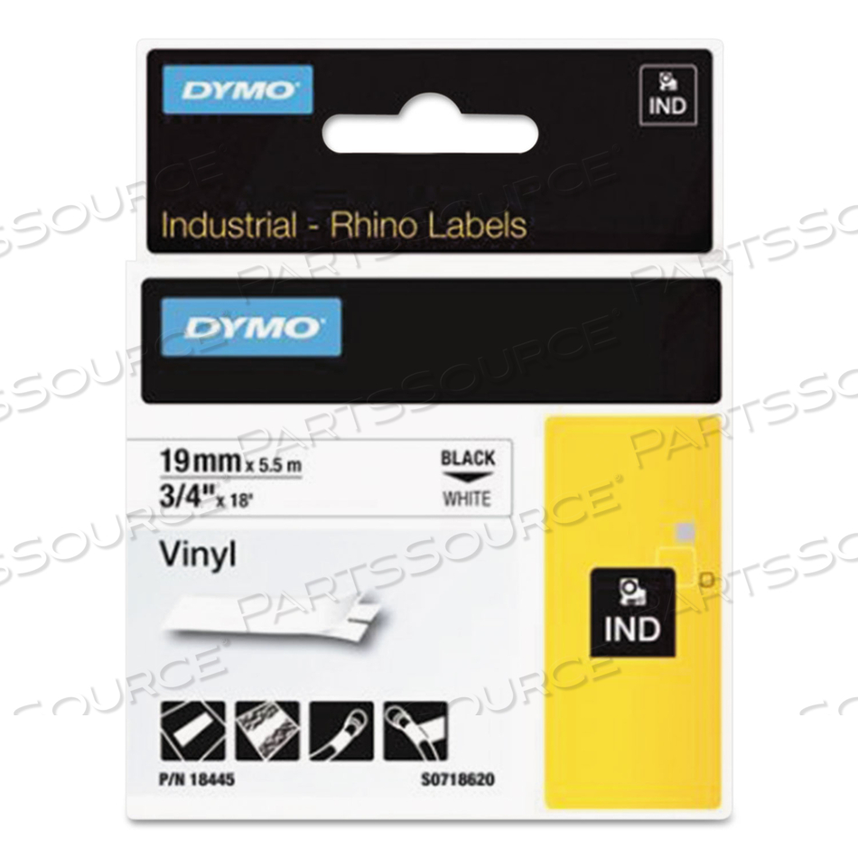 RHINO PERMANENT VINYL INDUSTRIAL LABEL TAPE, 0.75" X 18 FT, WHITE/BLACK PRINT by Dymo