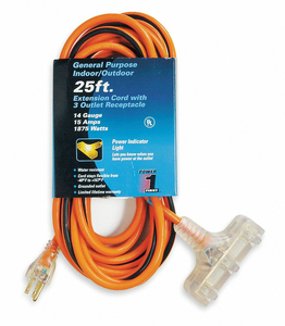 POWER CORD EXTENSION, 25 FT, 15 A, 125 VAC, 14 AWG, NEMA 5-15P TO NEMA 5-15R, ORANGE WITH BLACK STRIPE by Power First