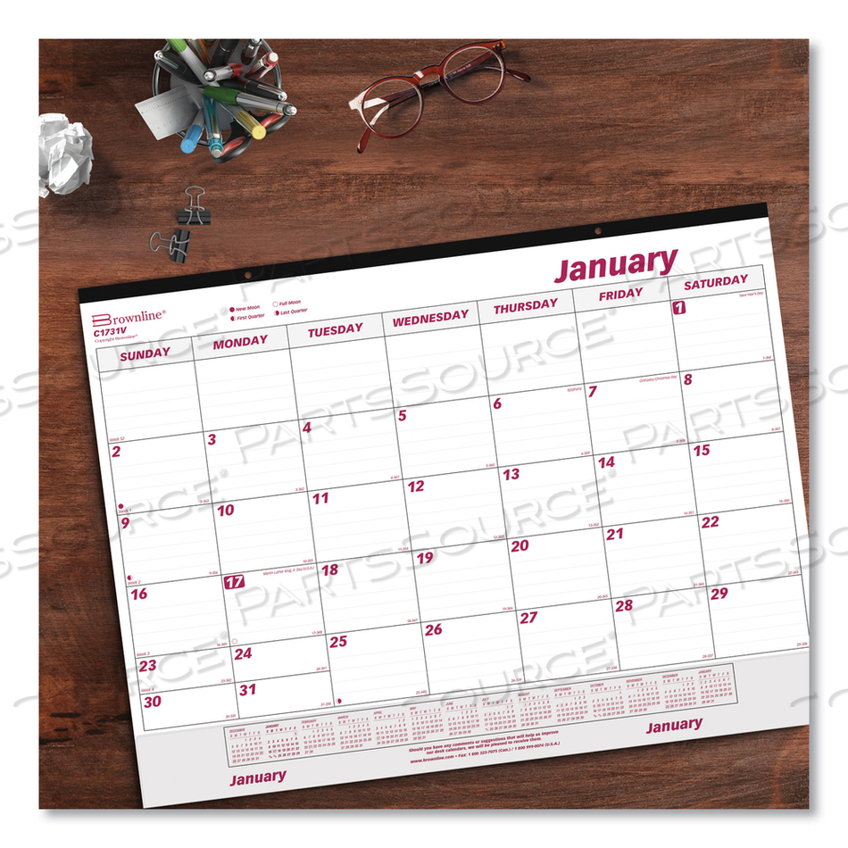 MONTHLY DESK PAD CALENDAR, 22 X 17, WHITE/BURGUNDY SHEETS, BLACK BINDING, CLEAR CORNERS, 12-MONTH (JAN TO DEC): 2023 by Brownline