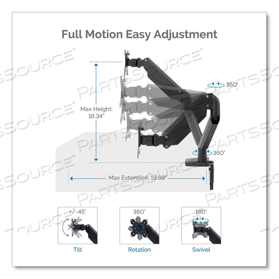 PLATINUM SERIES DUAL MONITOR ARM FOR 27" MONITORS, 360 DEG ROTATION, +85 DEG/-20 DEG TILT, 360 DEG PAN, BLACK, SUPPORTS 20 LB PLATINUM SERIES DUAL MONITOR ARM FOR 27" MONITORS, 360 DEG ROTATION, +85 DEG/-20 DEG TILT, 360 DEG PAN, BLACK, SUPPORTS 20 LB