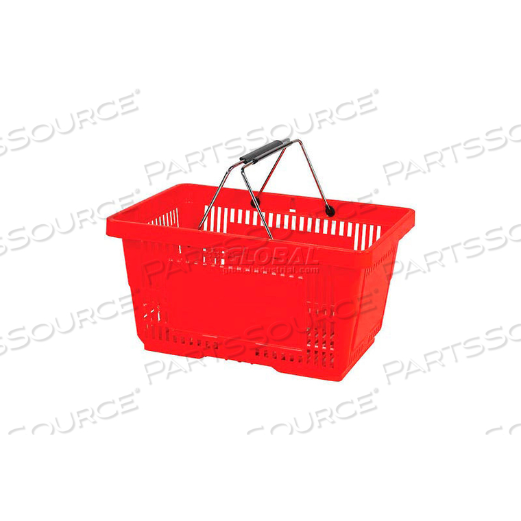 RED PLASTIC SHOPPING BASKET 28 LITER WITH BLACK PLASTIC GRIPS WIRE HANDLE by Versacart Systems, Inc. RED PLASTIC SHOPPING BASKET 28 LITER WITH BLACK PLASTIC GRIPS WIRE HANDLE by Versacart Systems, Inc.