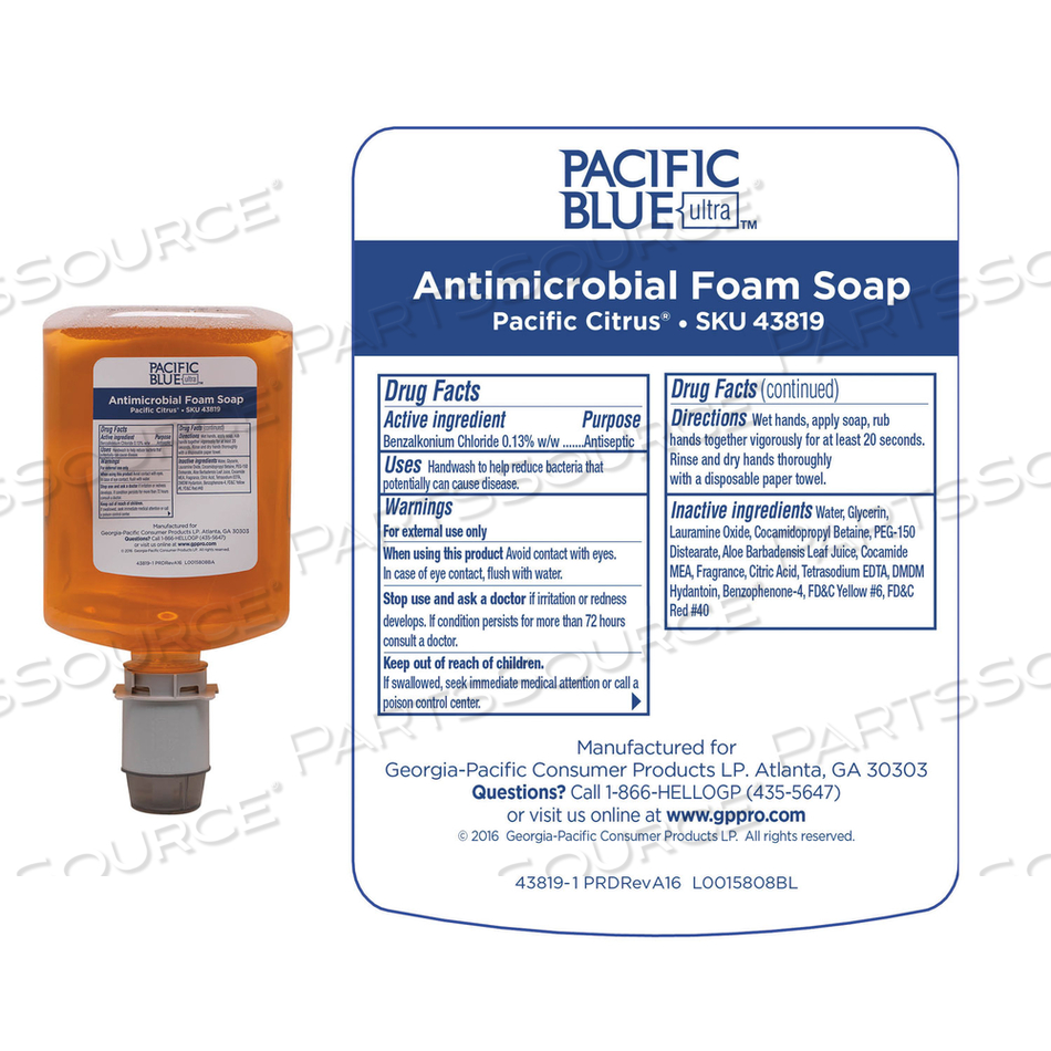 PACIFIC BLUE ULTRA FOAM SOAP MANUAL DISPENSER REFILL, ANTIMICROBIAL, PACIFIC CITRUS, 1,200 ML by Georgia-Pacific