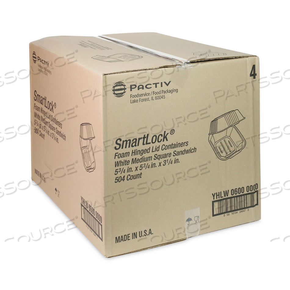 SMARTLOCK FOAM HINGED LID CONTAINER, SANDWICH, 5.75 X 5.75 X 3.25, WHITE, 504/CARTON SMARTLOCK FOAM HINGED LID CONTAINER, SANDWICH, 5.75 X 5.75 X 3.25, WHITE, 504/CARTON