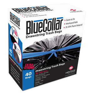 DRAWSTRING TRASH BAGS, 30 GAL, 1 MIL, 30" X 34", BLACK, 20 BAGS/ROLL, 2 ROLLS/BOX by BlueCollar