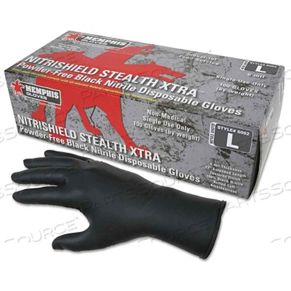 NITRILE DISPOSABLE GLOVES, NITRISHIELD STEALTH XTRA, ROLLED CUFF, UNLINED, LARGE, BLACK, 6 MIL THICK by MCR Safety