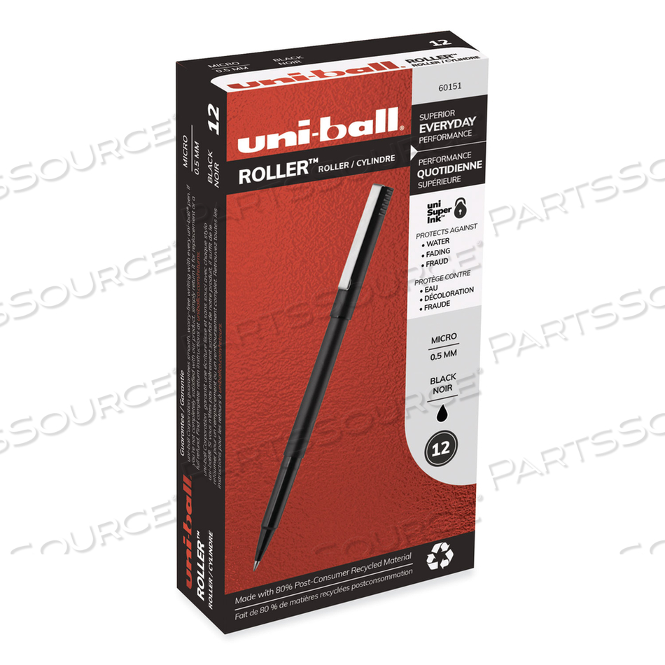ROLLER BALL PEN, STICK, MICRO 0.5 MM, BLACK INK, BLACK MATTE BARREL by Uni-Ball