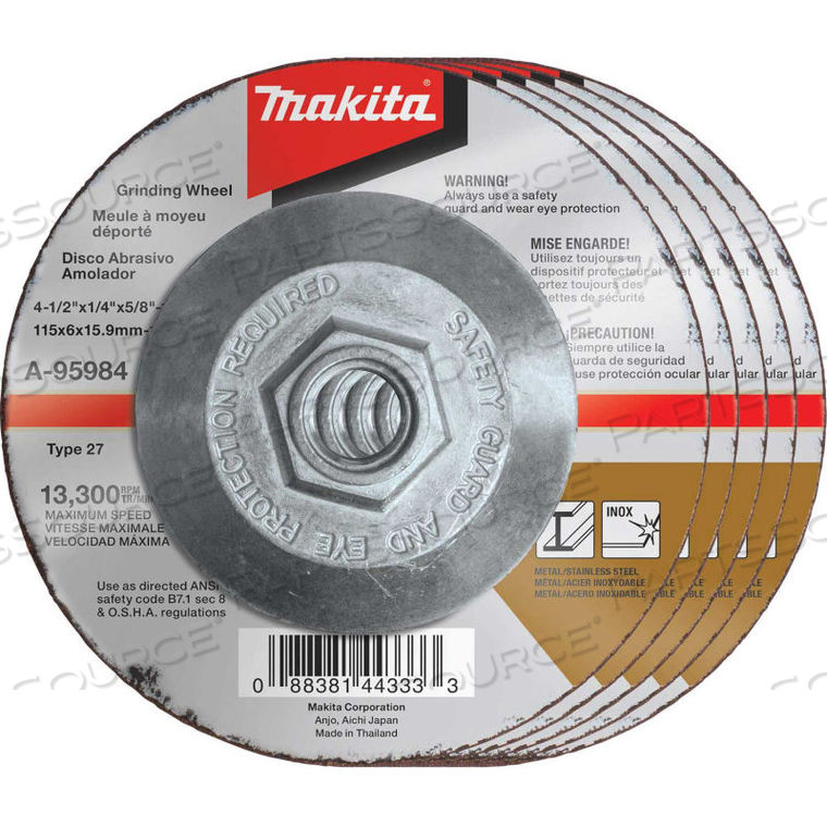 INOX GRINDING WHEEL, 36 GRIT, TYPE 27, 4-1/2" DIA X 1/4"T X 5/8-11" CNTR HOLE DIA-25/PK by Makita