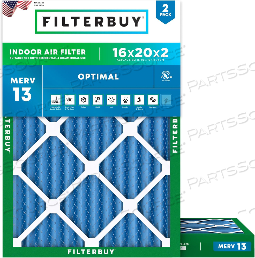 FILTERBUY 16X20X2 AIR FILTER MERV 13 OPTIMAL DEFENSE (2-PACK), PLEATED HVAC AC FURNACE AIR FILTERS REPLACEMENT (ACTUAL SIZE: 15.50 X 19.50 X 1.75 INCHES) 