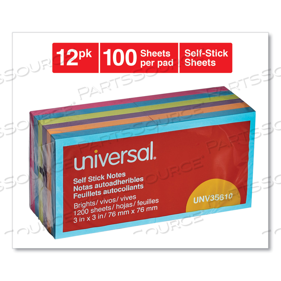 SELF-STICK NOTE PADS, 3" X 3", ASSORTED BRIGHT COLORS, 100 SHEETS/PAD, 12 PADS/PACK by Universal SELF-STICK NOTE PADS, 3" X 3", ASSORTED BRIGHT COLORS, 100 SHEETS/PAD, 12 PADS/PACK by Universal
