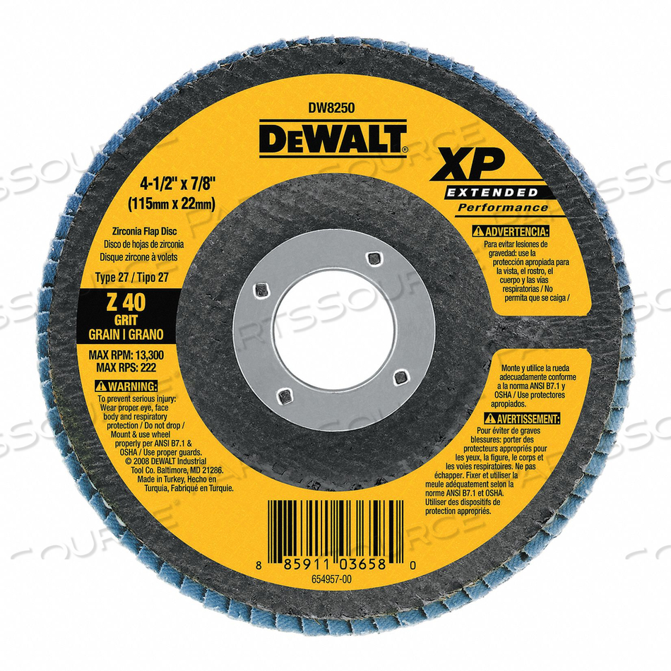 FLAP DISC XP TYPE 27 4-1/2" X 5/8-11" 40 GRIT ZIRCONIA by DeWalt FLAP DISC XP TYPE 27 4-1/2" X 5/8-11" 40 GRIT ZIRCONIA by DeWalt