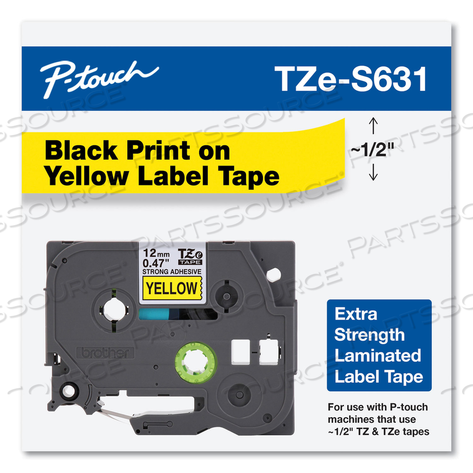 TZE EXTRA-STRENGTH ADHESIVE LAMINATED LABELING TAPE, 0.47" X 26.2 FT, BLACK ON YELLOW by Brother