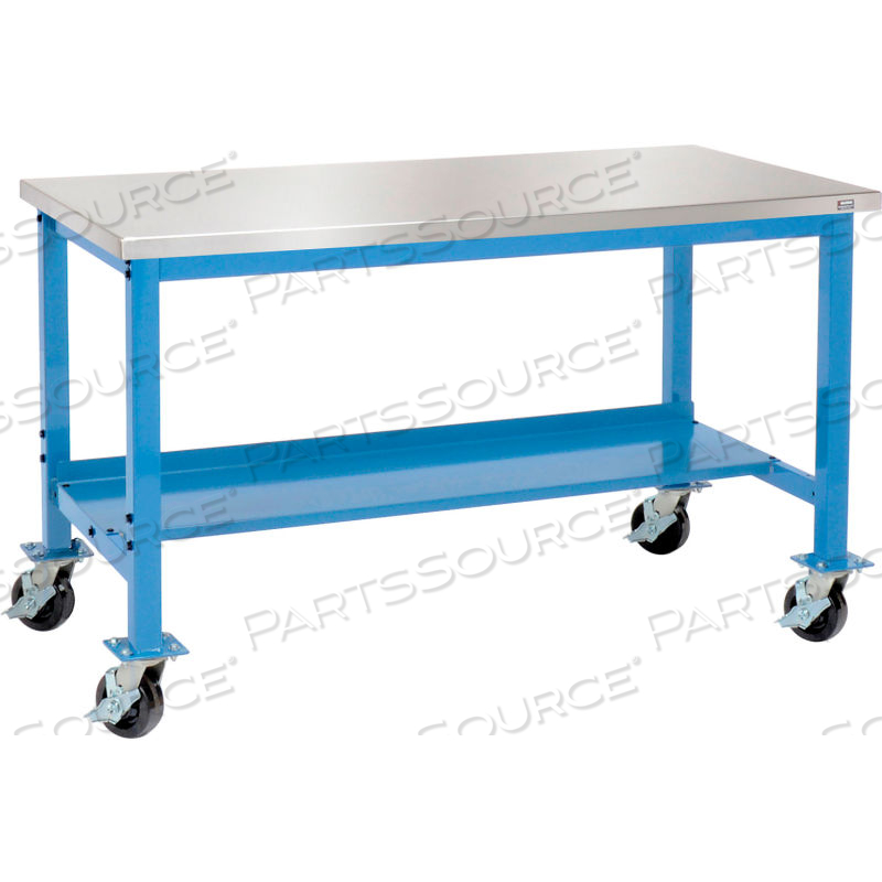 60"W X 30"D MOBILE PRODUCTION WORKBENCH - STAINLESS STEEL SQUARE EDGE - BLUE 