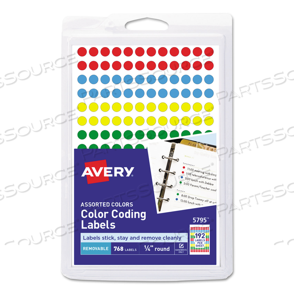 HANDWRITE ONLY SELF-ADHESIVE REMOVABLE ROUND COLOR-CODING LABELS, 0.25" DIA, ASSORTED, 192/SHEET, 4 SHEETS/PACK, (5795) by Avery HANDWRITE ONLY SELF-ADHESIVE REMOVABLE ROUND COLOR-CODING LABELS, 0.25" DIA, ASSORTED, 192/SHEET, 4 SHEETS/PACK, (5795) by Avery