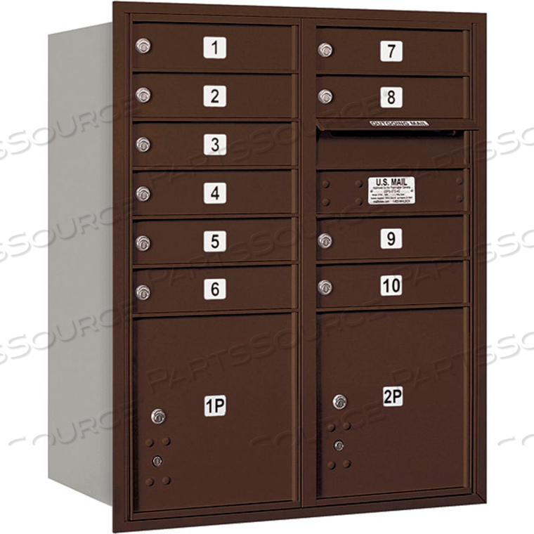 4C HORIZONTAL MAILBOX, 37-1/2"H, DOUBLE, 10 MB1/2 PL DOORS, REAR LOAD, BRONZE, PRIVATE 