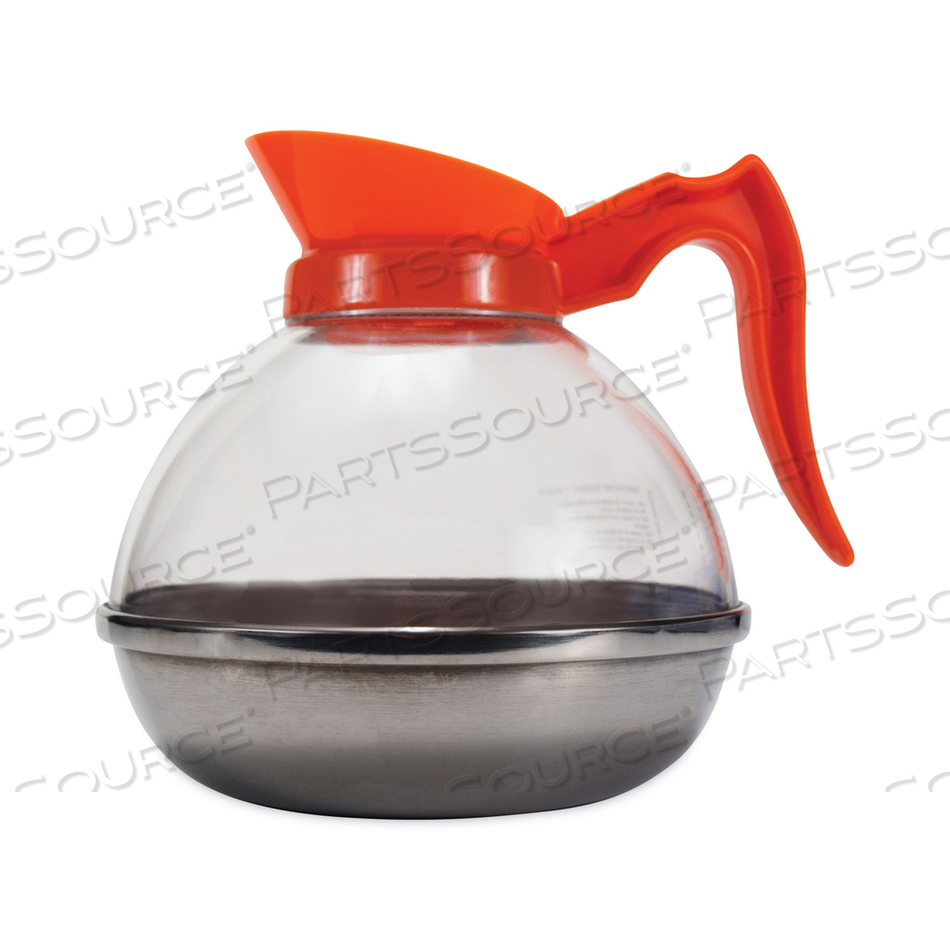 UNBREAKABLE DECAFFEINATED COFFEE DECANTER, 12-CUP, STAINLESS STEEL/POLYCARBONATE, ORANGE HANDLE by Coffee Pro UNBREAKABLE DECAFFEINATED COFFEE DECANTER, 12-CUP, STAINLESS STEEL/POLYCARBONATE, ORANGE HANDLE by Coffee Pro