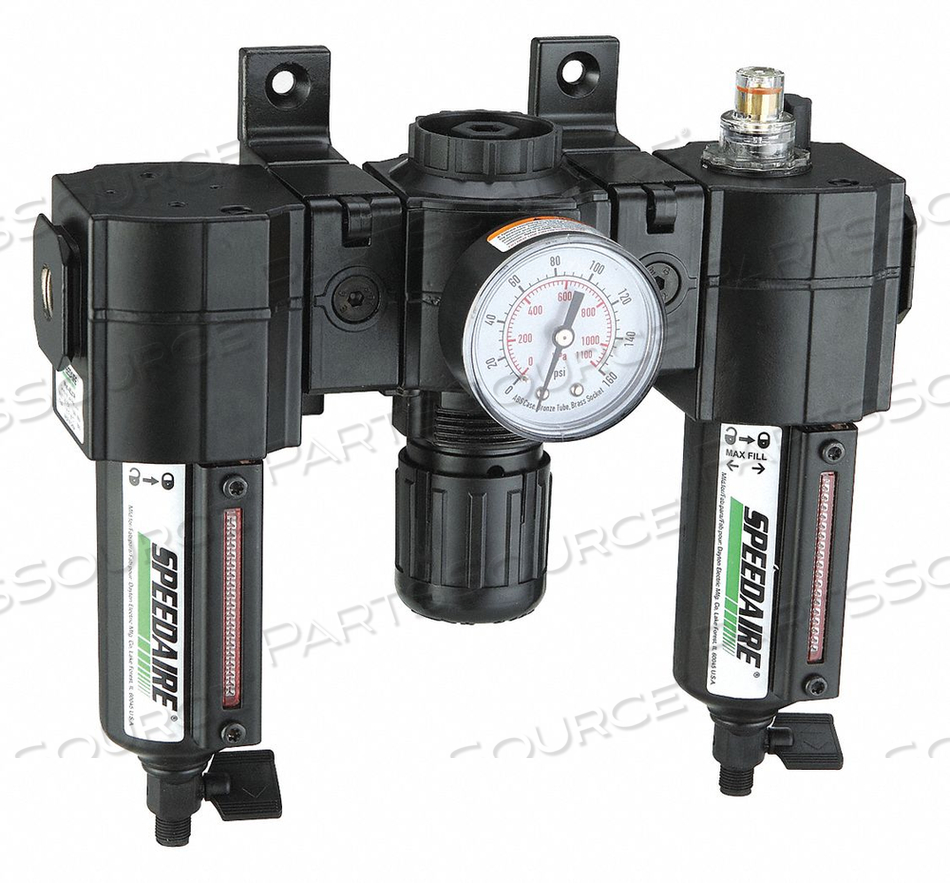 FILTER/REGULATOR/LUBRICATOR, AIR INLET SIZE 1/2 IN, AIR INLET TYPE NPT, MAXIMUM FLOW RATE 60 CFM, MAXIMUM OPERATING PRESSURE 250 PSI, FILTER by Speedaire FILTER/REGULATOR/LUBRICATOR, AIR INLET SIZE 1/2 IN, AIR INLET TYPE NPT, MAXIMUM FLOW RATE 60 CFM, MAXIMUM OPERATING PRESSURE 250 PSI, FILTER by Speedaire