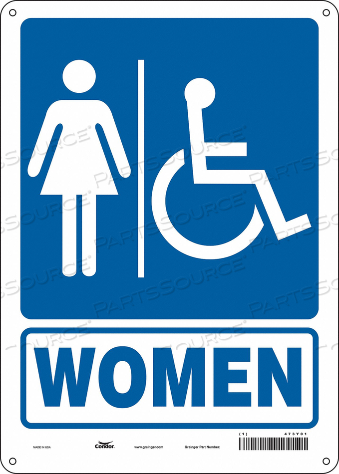 RESTROOM SIGN, VERTICAL RECTANGLE, NUMBER OF PRINTED SIDES 1, ENGLISH, SIGN LEGEND WOMEN, SIGN LEGEND BACKGROUND COLOR BLUE, WHITE, SIGN LEG by Condor
