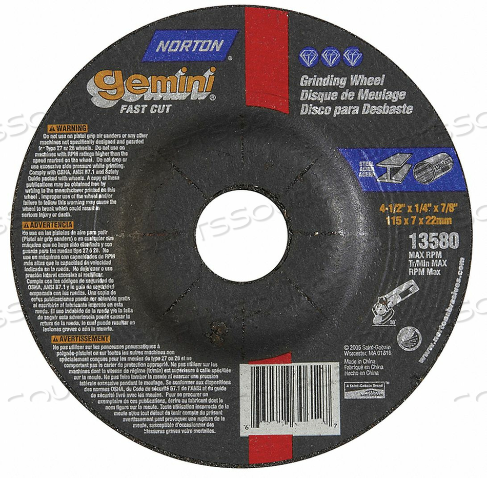 DEPRESSED CTR WHL T27 4-1/2X1/4X7/8 by Norton | Saint-Gobain Abrasives