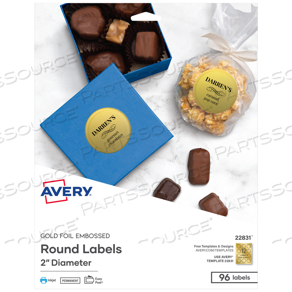 ROUND LABELS, INKJET PRINTERS, 2" DIA, GOLD, 12/SHEET by Avery ROUND LABELS, INKJET PRINTERS, 2" DIA, GOLD, 12/SHEET by Avery