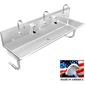 STAINLESS STEEL SINK, 3 STATION W/ELECTRONIC FAUCETS, ROUND LEGS 60"L X 20"W X 8"D by Best Sheet Metal, Inc.