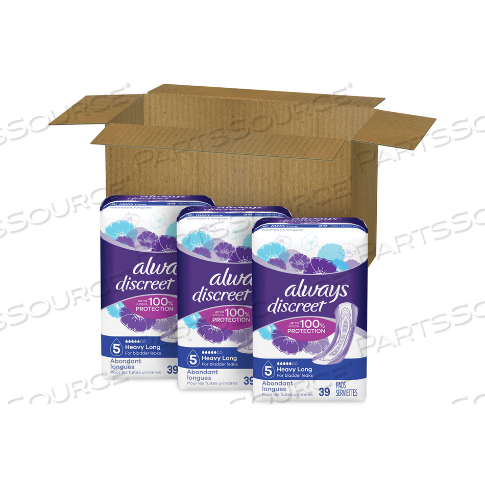 DISCREET SENSITIVE BLADDER PROTECTION PADS, HEAVY ABSORBENCY, LONG, 39/PACK, 3 PACKS/CARTON 