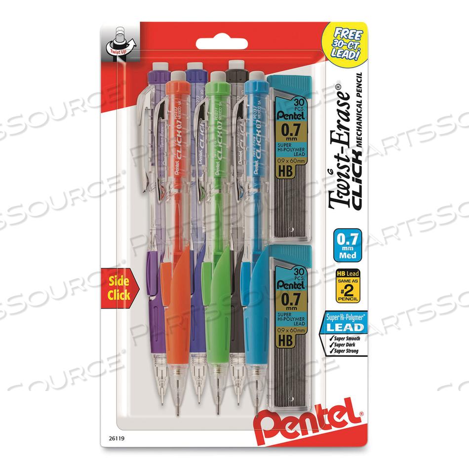 TWIST-ERASE CLICK MECHANICAL PENCIL, 0.7 MM, HB (#2.5), BLACK LEAD, ASSORTED BARREL COLORS, 6/PACK by Pentel of America TWIST-ERASE CLICK MECHANICAL PENCIL, 0.7 MM, HB (#2.5), BLACK LEAD, ASSORTED BARREL COLORS, 6/PACK by Pentel of America