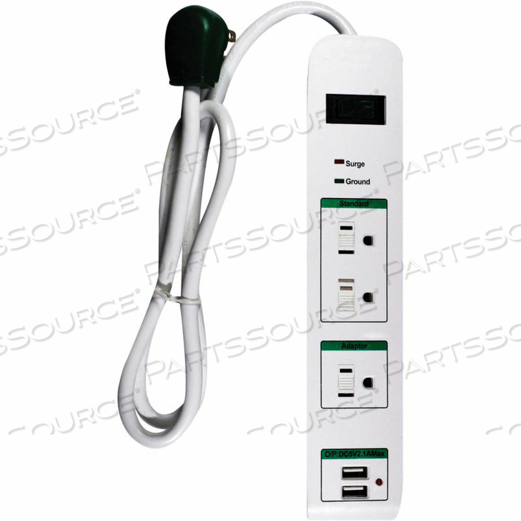 GOGREEN POWER, 3 OUTLET SURGE PROTECTOR, USB SURGE - 3 FT CORD - WHITE 