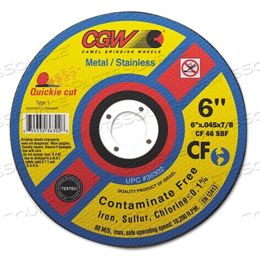 CONTAMINATE FREE CUT-OFF WHEEL, 6 IN DIA, .045 IN THICK, 36 GRIT ALUM. OXIDE by CGW Abrasives CONTAMINATE FREE CUT-OFF WHEEL, 6 IN DIA, .045 IN THICK, 36 GRIT ALUM. OXIDE by CGW Abrasives