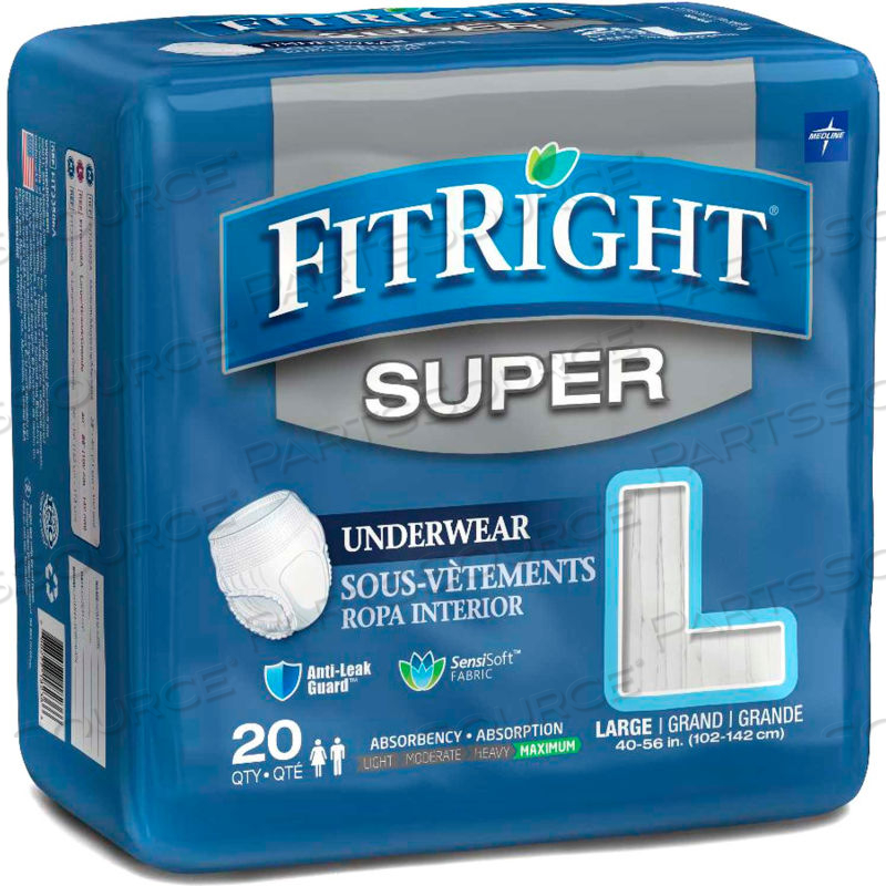 FITRIGHT SUPER PROTECTIVE UNDERWEAR, SIZE L, WAIST SIZE 40"-56", 20/BAG by Medline Industries, Inc. FITRIGHT SUPER PROTECTIVE UNDERWEAR, SIZE L, WAIST SIZE 40"-56", 20/BAG by Medline Industries, Inc.