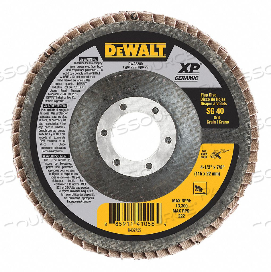 FLAP DISC 4-1/2" X 7/8" T29 CERAMIC 40 GRIT by DeWalt FLAP DISC 4-1/2" X 7/8" T29 CERAMIC 40 GRIT by DeWalt