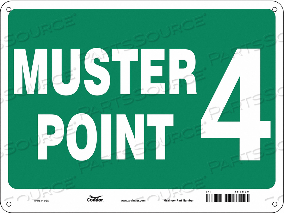 SAFETY SIGN, HORIZONTAL RECTANGLE, NUMBER OF PRINTED SIDES 1, ENGLISH, SIGN FORMAT OTHER FORMAT, SIGN LEGEND MUSTER POINT 4, SIGN LEGEND BAC by Condor