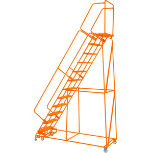 PERFORATED 24"W 12 STEP STEEL ROLLING LADDER 14"D TOP STEP W/HANDRAILS LOCK STEP ORANGE by Ballymore