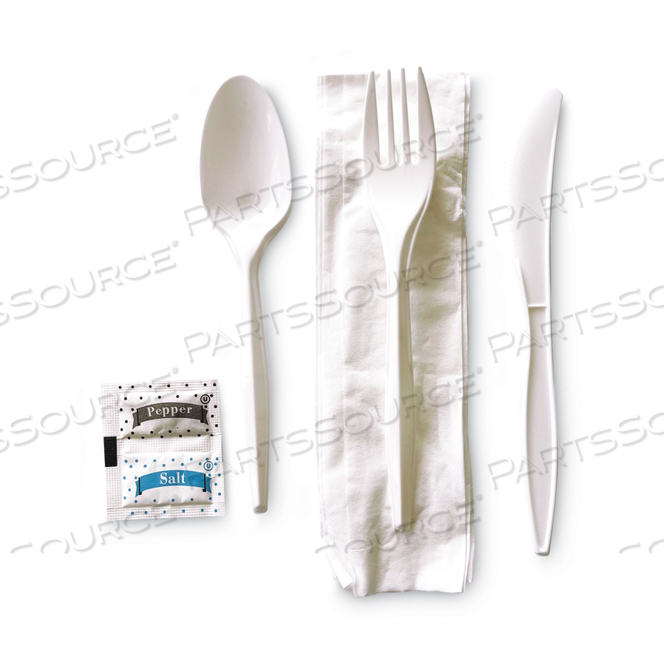 CUTLERY KIT, PLASTIC FORK/SPOON/KNIFE/SALT/POLYPROPYLENE/NAPKIN, WHITE, 250/CARTON 