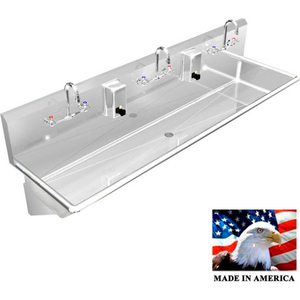 STAINLESS STEEL SINK, 3 STATION W/MANUAL FAUCETS, WALL BRACKETS 60"L X 20"W X 8"D by Best Sheet Metal, Inc.