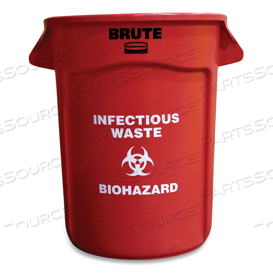 VENTED ROUND BRUTE CONTAINER, "INFECTIOUS WASTE: BIOHAZARD" IMPRINT, 32 GAL, PLASTIC, RED by Rubbermaid Medical Division