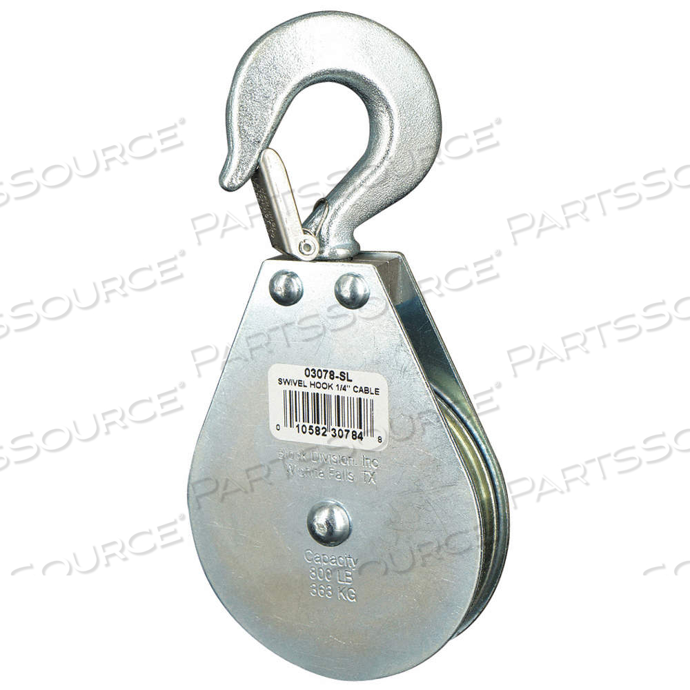 PULLEY BLOCK, PULLEY BLOCK, SWIVEL, UPRIGHT MOUNT, PULLING, WIRE ROPE, SWIVEL HOOK by Approved Vendor