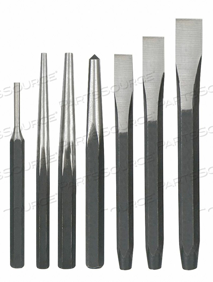 PUNCH AND CHISEL SET, SET TYPE PUNCH AND CHISEL SET, TYPES INCLUDED CENTER PUNCH, FLAT CHISEL, PIN PUNCH, STARTING PUNCH, NUMBER OF PIECES 7 by Westward