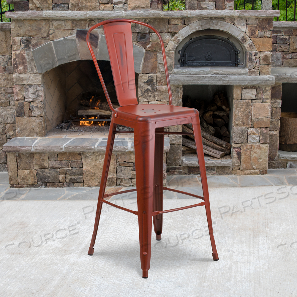 CINDY COMMERCIAL GRADE 30" HIGH DISTRESSED KELLY RED METAL INDOOR-OUTDOOR BARSTOOL WITH BACK by Flash Furniture