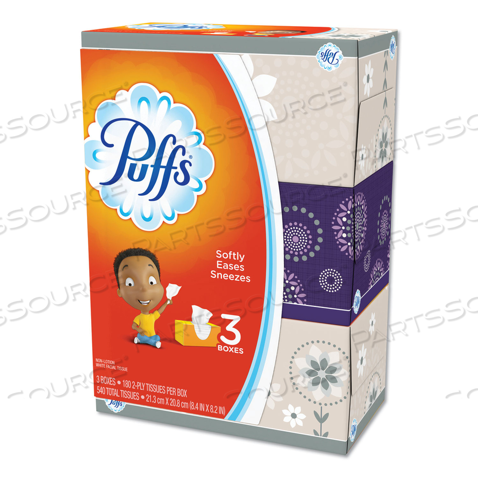 WHITE FACIAL TISSUE, 2-PLY, WHITE, 180 SHEETS/BOX, 3 BOXES/PACK 