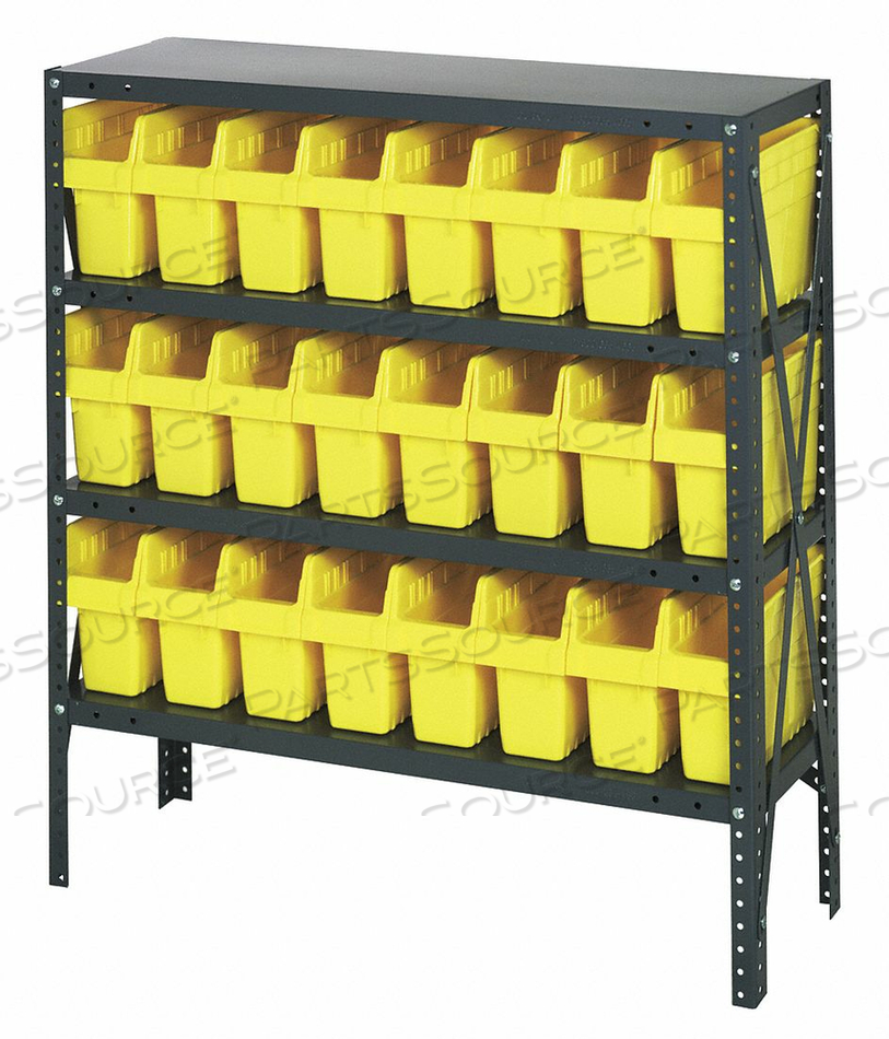 1839-SB803 STEEL SHELVING WITH 24 8"H PLASTIC SHELF BINS YELLOW, 36X18X39-SB4 SHELVES by Quantum Storage Systems 1839-SB803 STEEL SHELVING WITH 24 8"H PLASTIC SHELF BINS YELLOW, 36X18X39-SB4 SHELVES by Quantum Storage Systems