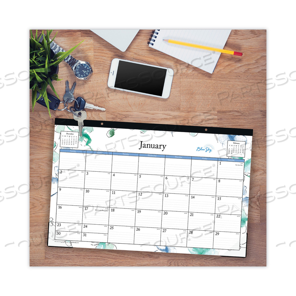 LINDLEY DESK PAD, FLORAL ARTWORK, 17 X 11, WHITE/BLUE/GREEN SHEETS, BLACK BINDING, CLEAR CORNERS, 12-MONTH (JAN-DEC): 2023 by Blue Sky