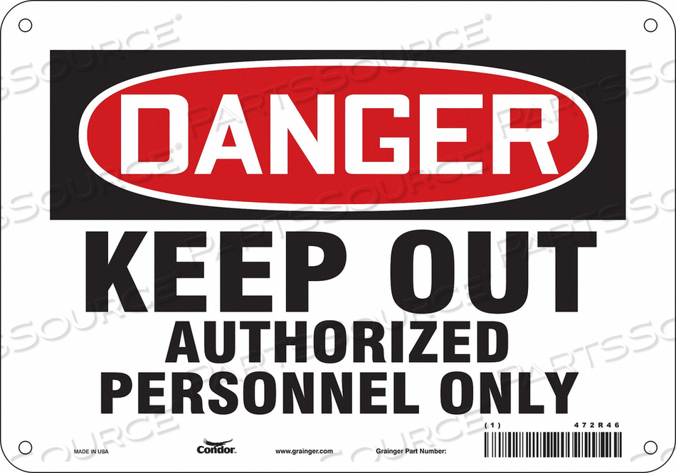 SAFETY SIGN, VERTICAL RECTANGLE, NUMBER OF PRINTED SIDES 1, ENGLISH, SIGN FORMAT TRADITIONAL OSHA, SIGN LEGEND KEEP OUT AUTHORIZED PERSONNEL by Condor