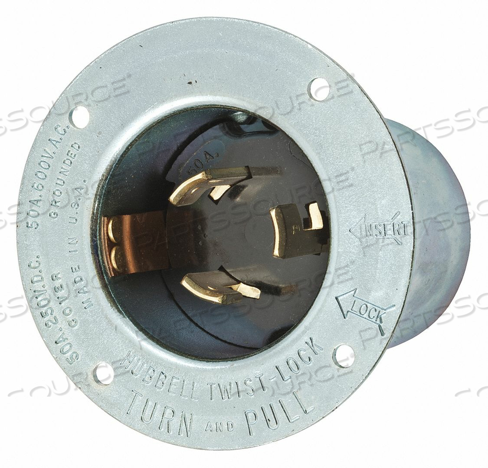 FLANGED LOCKING INLET 600VAC/250VDC 50A by Hubbell Incorporated, Wiring Device-Kellums FLANGED LOCKING INLET 600VAC/250VDC 50A by Hubbell Incorporated, Wiring Device-Kellums