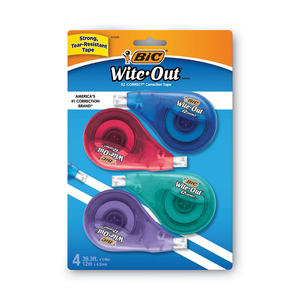 WITE-OUT EZ CORRECT CORRECTION TAPE, NON-REFILLABLE, BLUE/YELLOW APPLICATORS, 0.17" X 400", 4/PACK by BIC