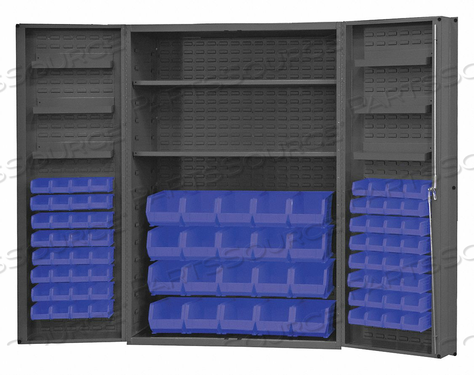 STORAGE BIN CABINET - 84 BLUE HOOK-ON BINS 2 ADJ. SHELVES 48"WX24"DX72"H by Durham Manufacturing Company STORAGE BIN CABINET - 84 BLUE HOOK-ON BINS 2 ADJ. SHELVES 48"WX24"DX72"H by Durham Manufacturing Company