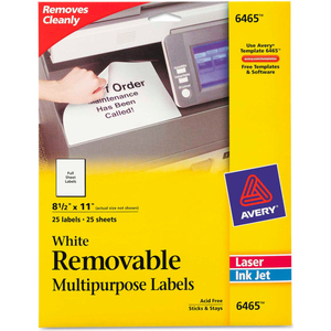 REMOVABLE INKJET/LASER ID LABELS, 8-1/2 X 11, WHITE, 25/PACK by Avery