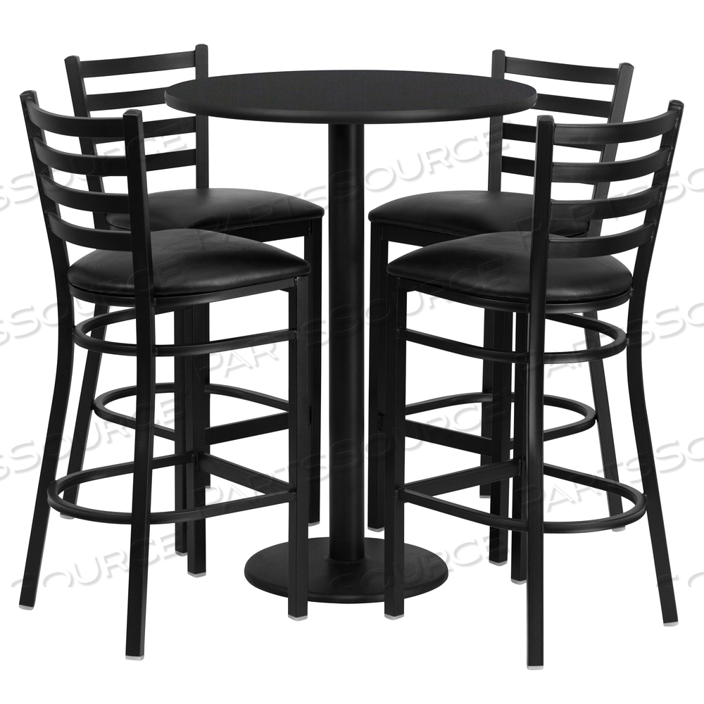 JAMIE 30'' ROUND BLACK LAMINATE TABLE SET WITH ROUND BASE AND 4 LADDER BACK METAL BARSTOOLS - BLACK VINYL SEAT by Flash Furniture
