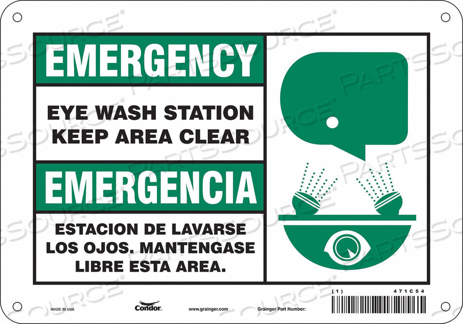 SAFETY SIGN, VERTICAL RECTANGLE, NUMBER OF PRINTED SIDES 1, ENGLISH, SPANISH, SIGN LEGEND EYE WASH STATION KEEP AREA CLEAR/ESTACION DE LAVAD by Condor